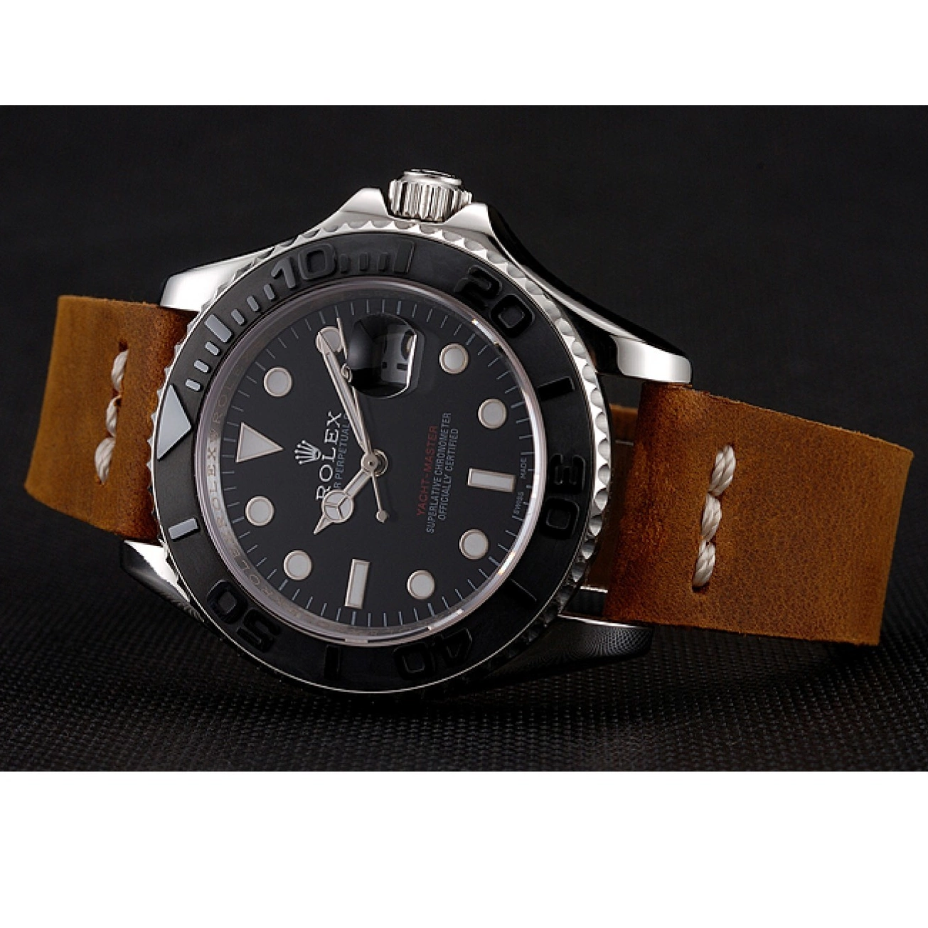 Rolex aaa copy Rolex Bracelet Silver Case 1453859 Yacht Master Brown Black Dial Leather 0616